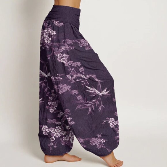 Buddha Stones white sakura flower pattern women's elastic waist harem pants - Picture 2 of 5